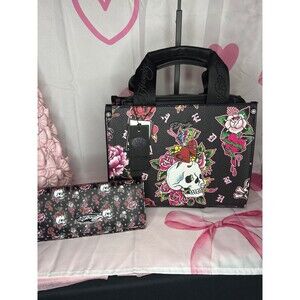 ED HARDY Skull Hearts Tattoo Print Satchel Handbag and Wallet